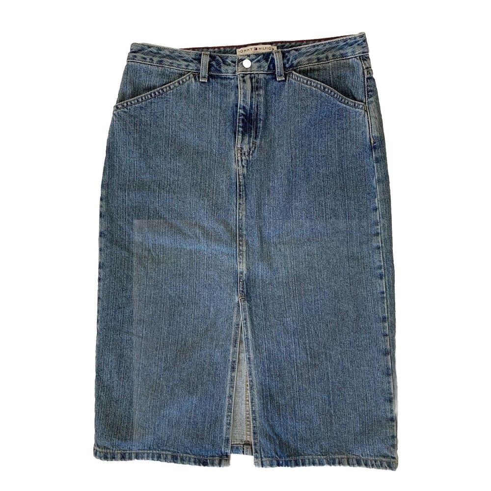 Y2K Tommy Hilfiger Midi Front Slit Blue Denim Skirt Slim Painter Size 10 Vintage